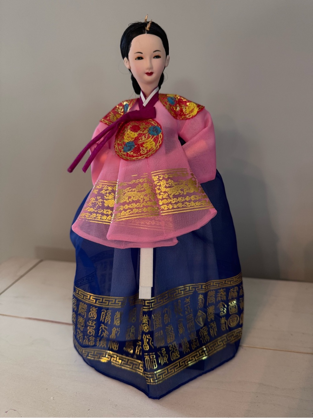 Korean Hanbok Doll in Pink and Navy with Gold Accents